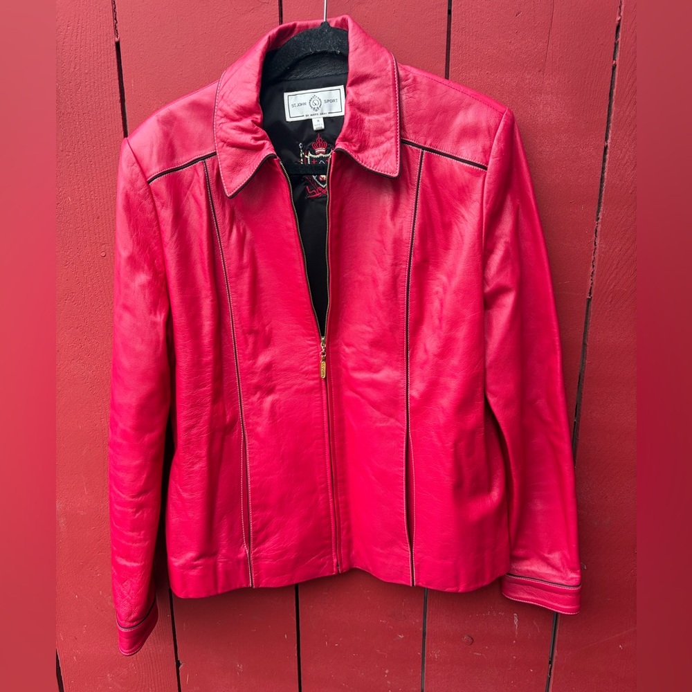 St. John Sport Red leather jacket with black piping and gold-tone zipper